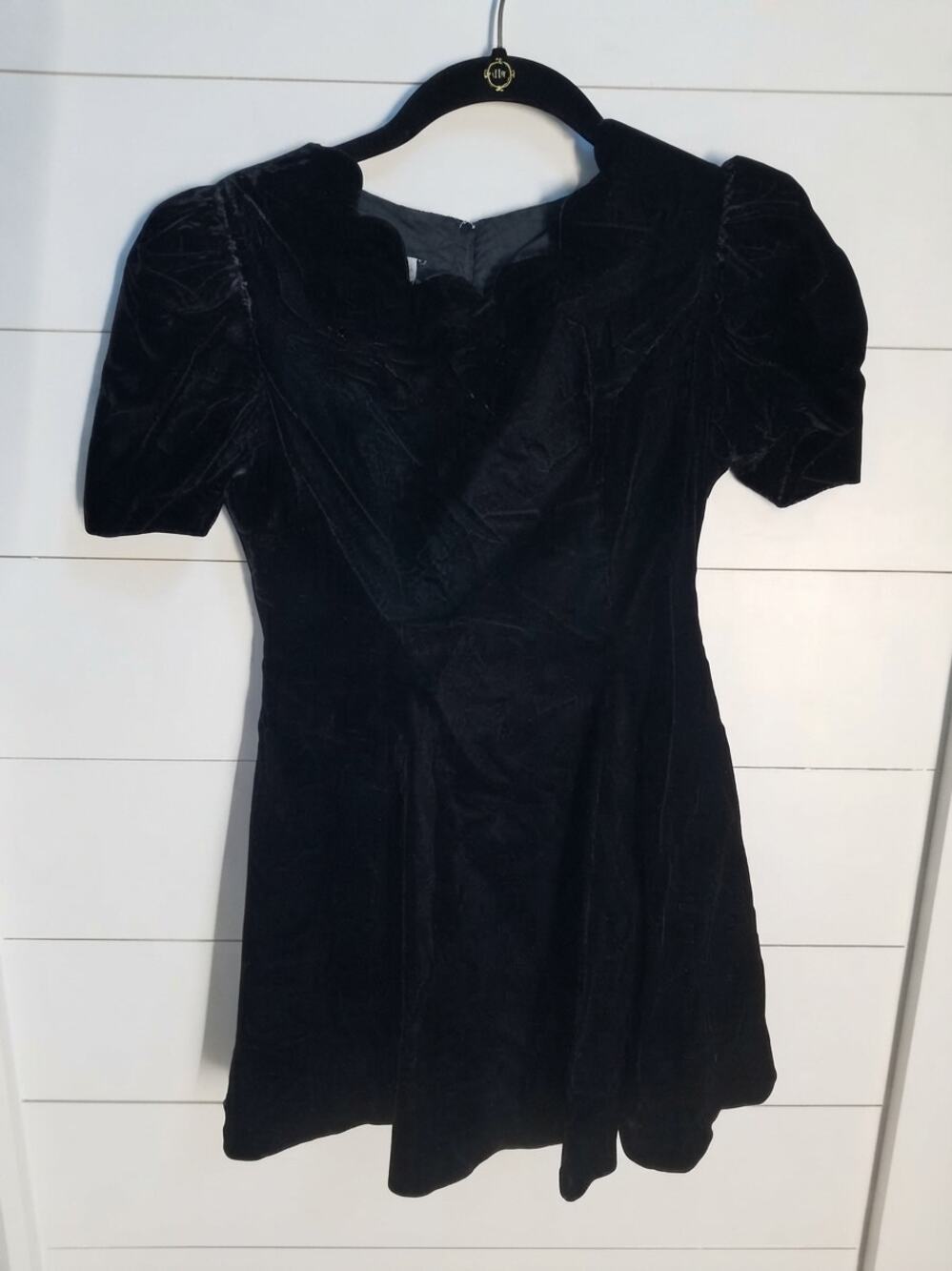 Vintage 90s Girls Black Velvet Holiday Dress Puffy Sleeve Scalloped Neck